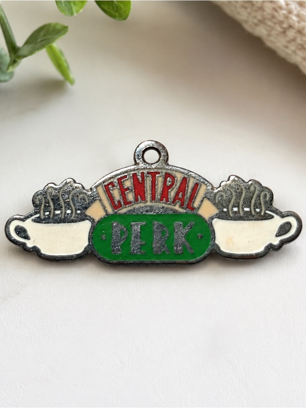 Friends TV Show Central Perk Enamel Charm Pendant Vintage Silver Tone Coffee Cup